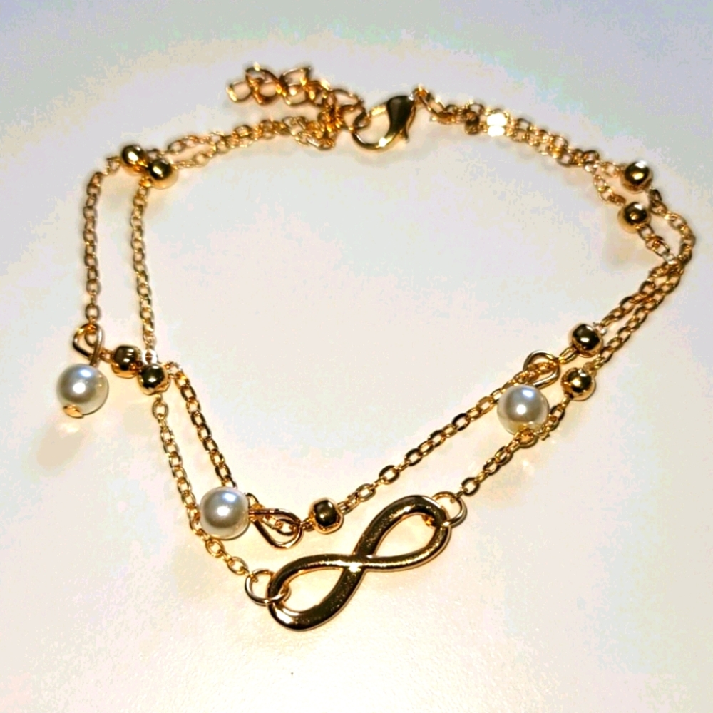 Vintage Gold & Pearls W Infinity Symbol Double Strand Anklet/Bracelet